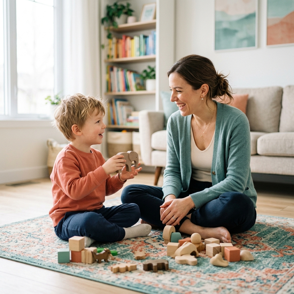 Parent and child interacting playfully with wooden blocks