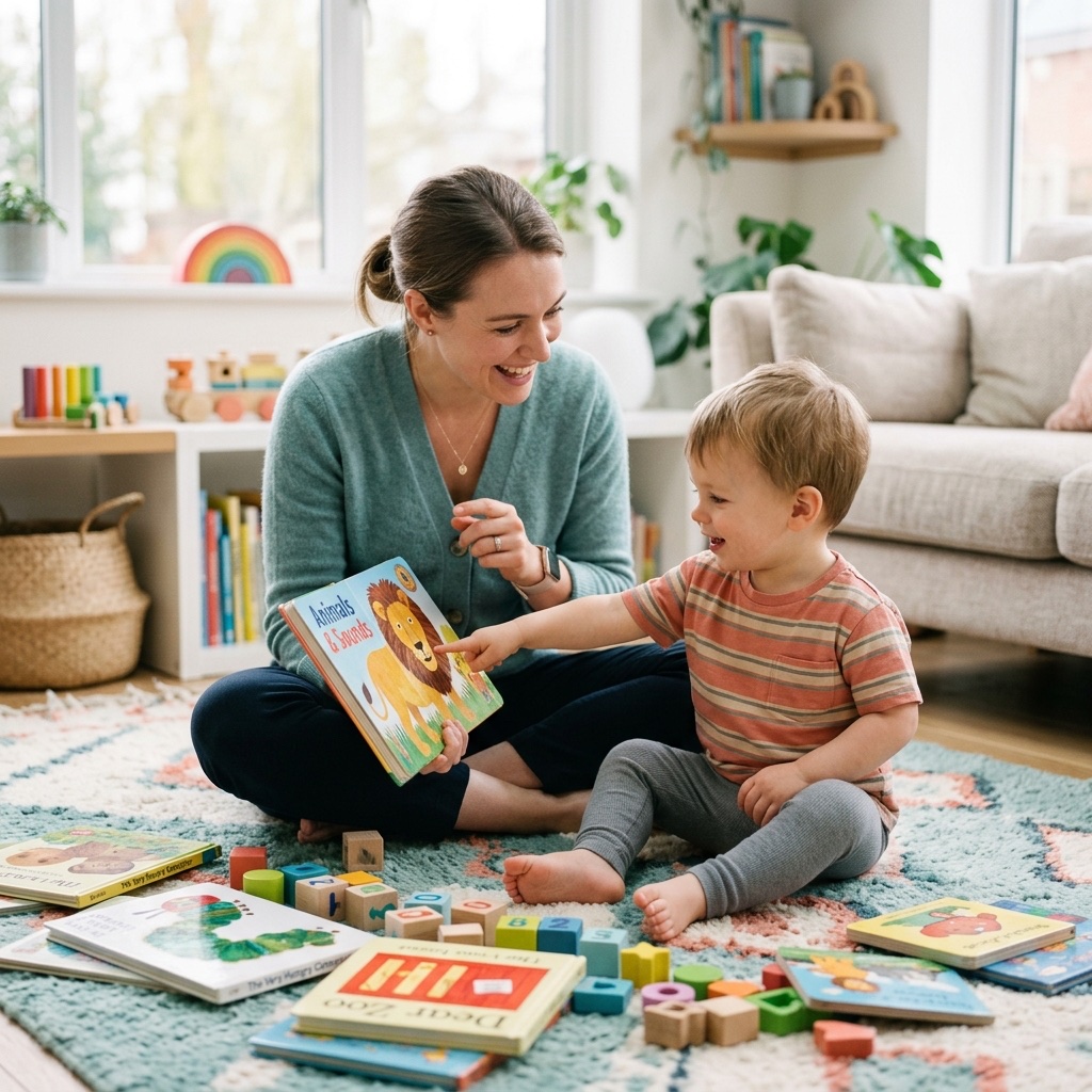 Therapist building vocabulary and language skills with a young child