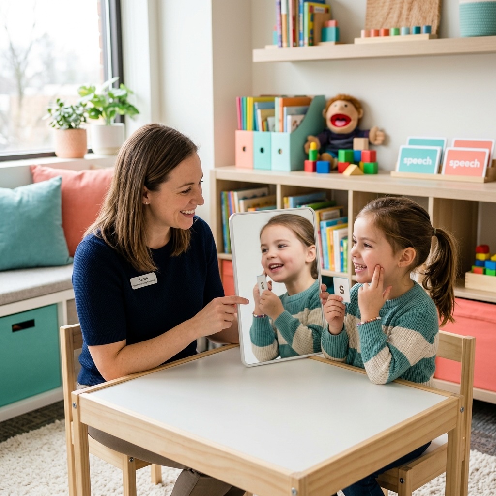 Child practicing speech sounds with articulation cards during therapy